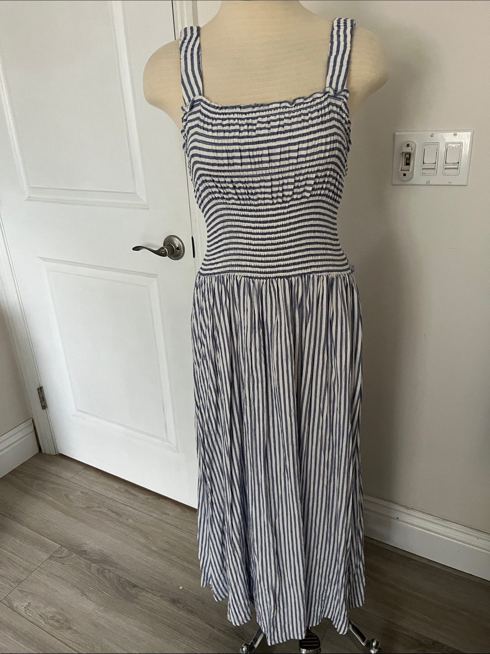 Striped Blue and White Sundress with Smocked Bodice